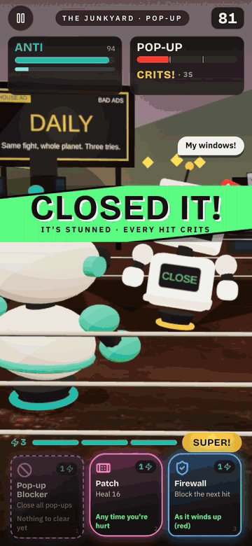 BAD ADS gameplay: ANTI lands a combo on POP-UP, closes a fake pop-up ad that covers the fight, parries a red wind-up and finishes the ad.