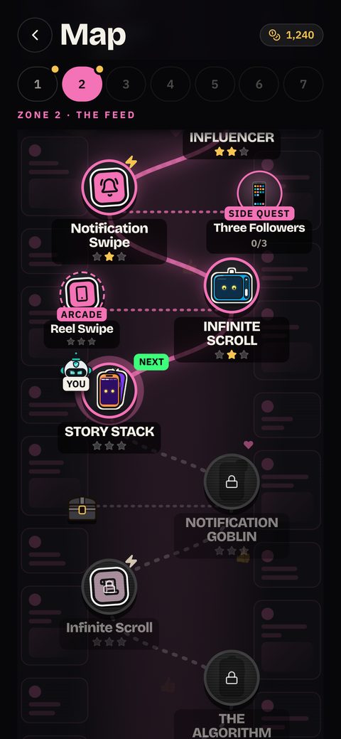 The world map: 7 zones of ads, each ending in a boss.